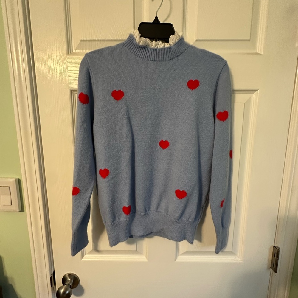 Charming Blue Sweater with Red Heart Details